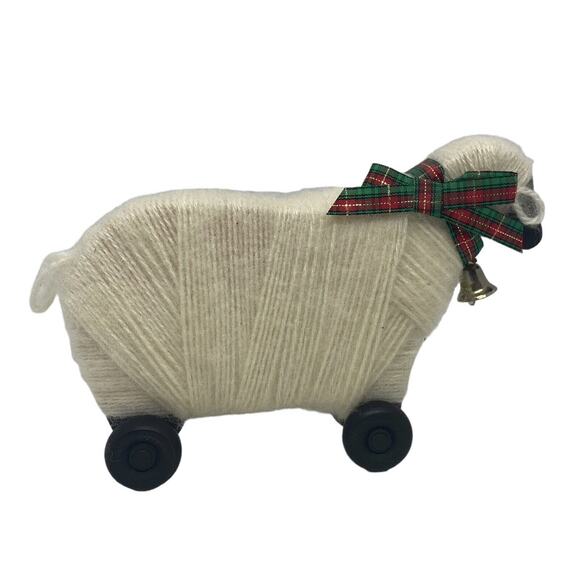 Primitive Wooly Lamb Sheep Holiday Figurine on Wheels Wood Body Bell Bow Vintage - Picture 9 of 15